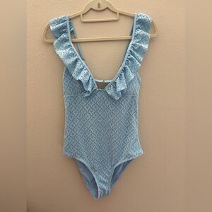 NWOT! Betsey Johnson light blue ruffled eyelet flowers one piece swimsuit